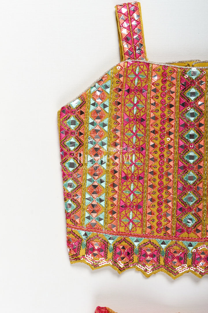 Girls Lehenga for Festival in Bright Chiffon with Thread Embroidered Blouse and Mirror Work Skirt