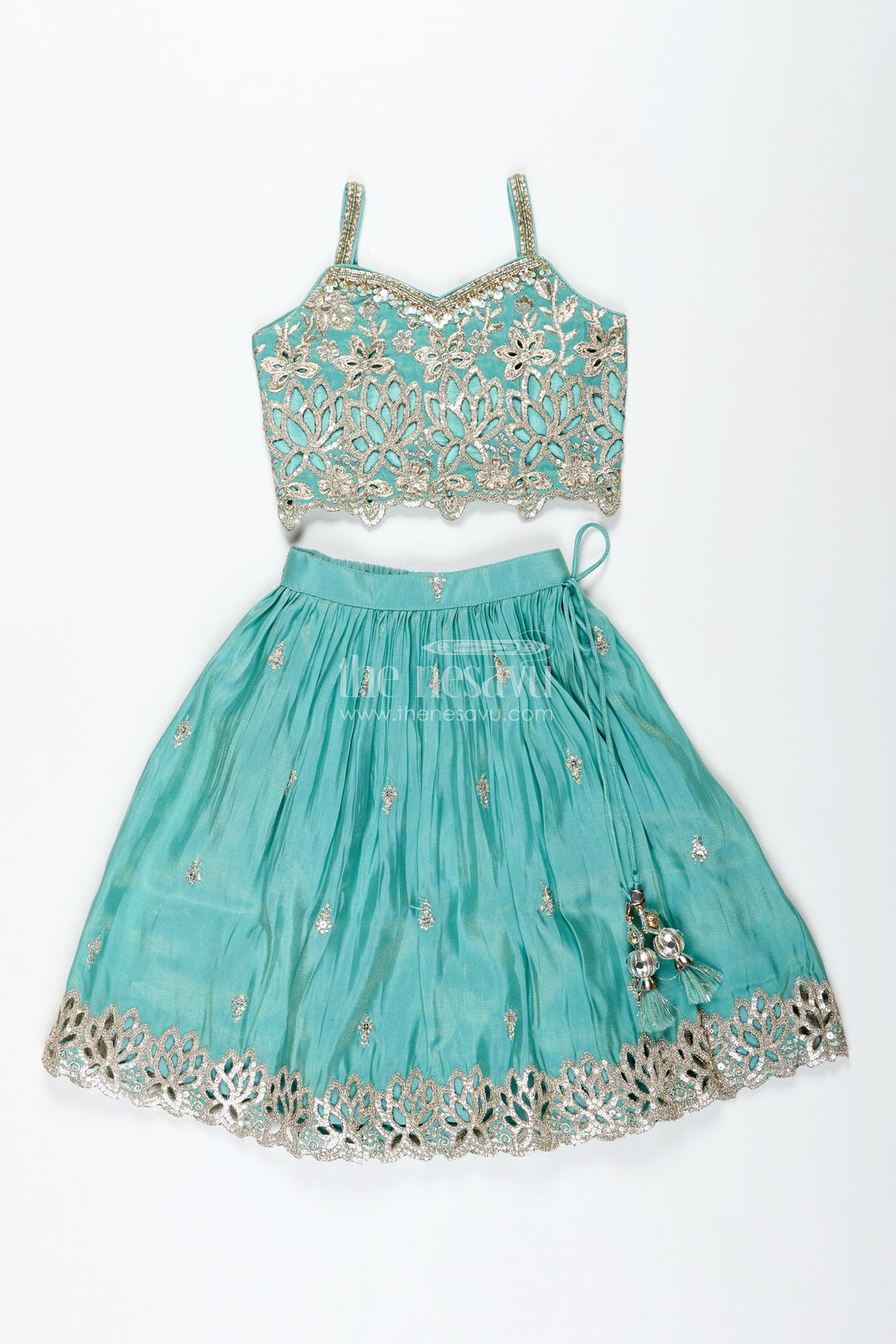 Girls Silk Lehenga With Embroidered Yoke And Pleated Skirt
