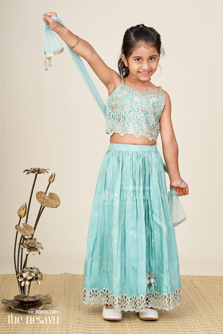 Girls Silk Lehenga With Embroidered Yoke And Pleated Skirt