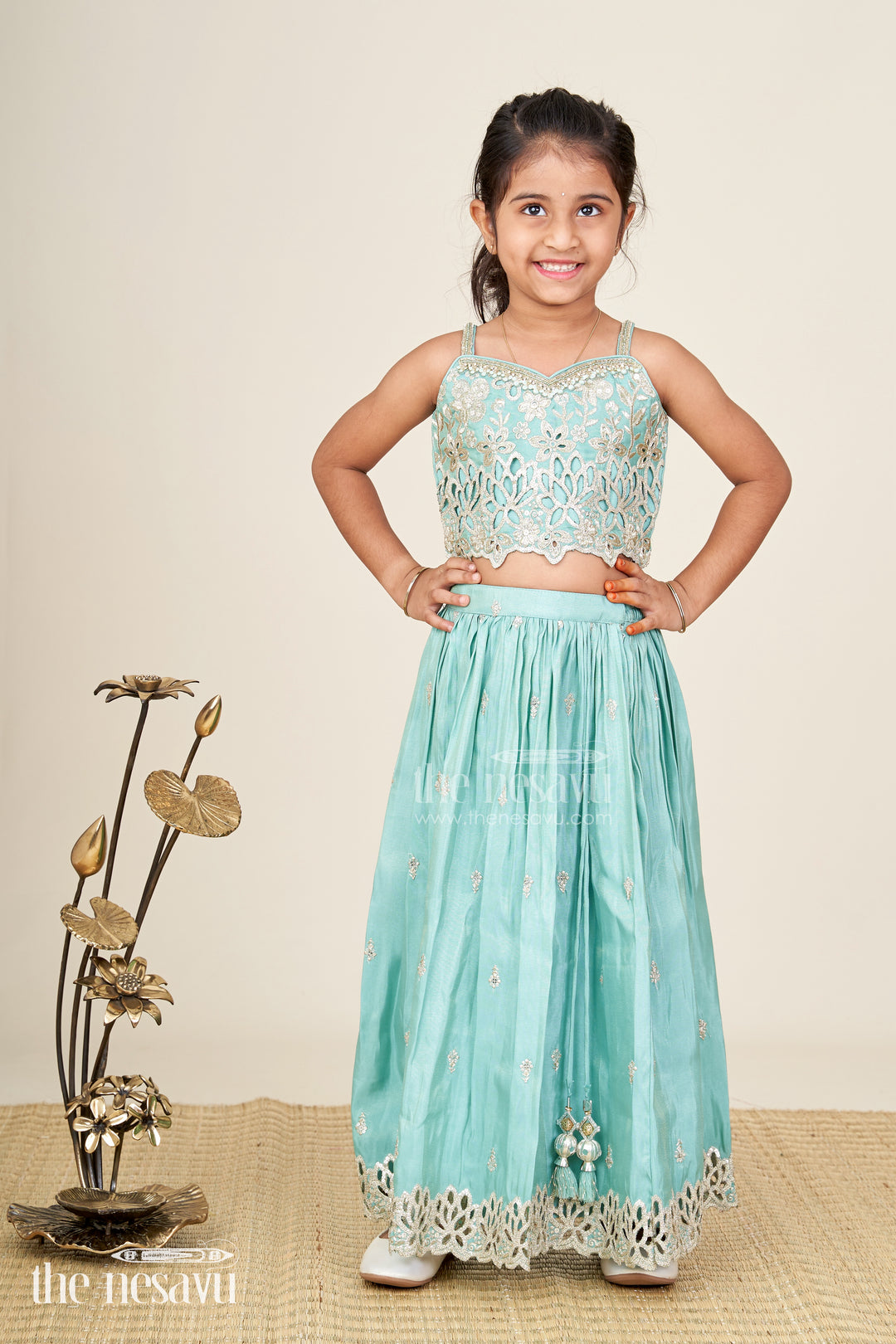 Girls Silk Lehenga With Embroidered Yoke And Pleated Skirt