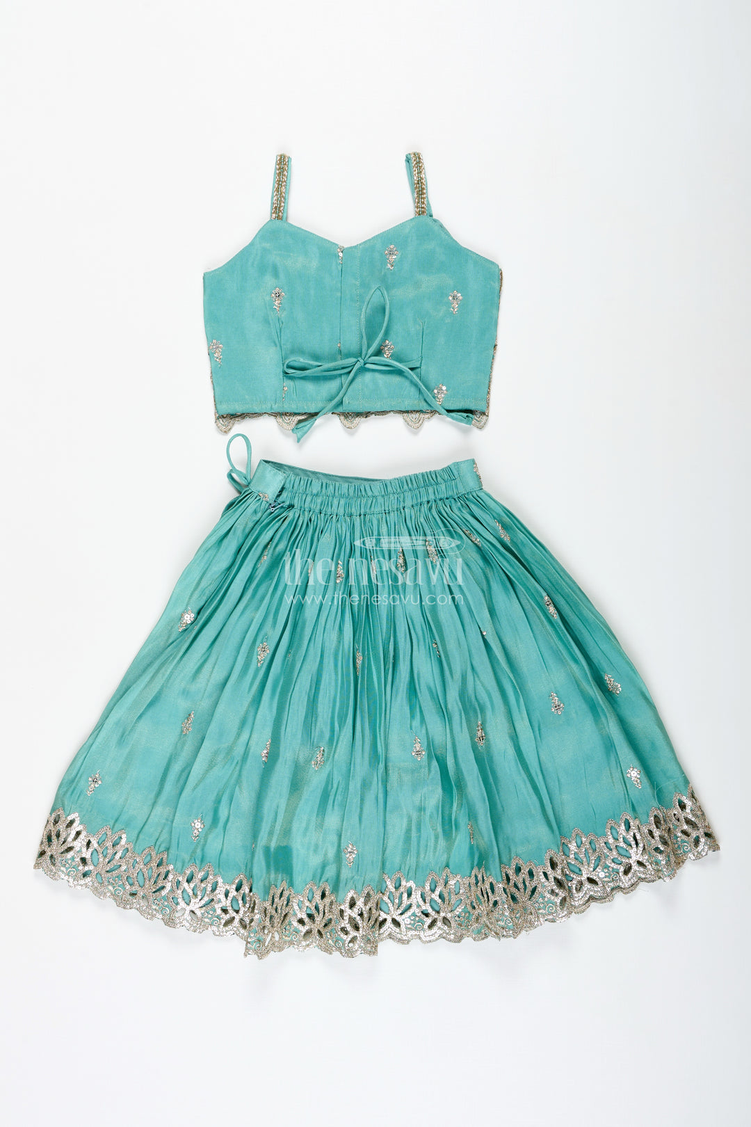 Girls Silk Lehenga With Embroidered Yoke And Pleated Skirt