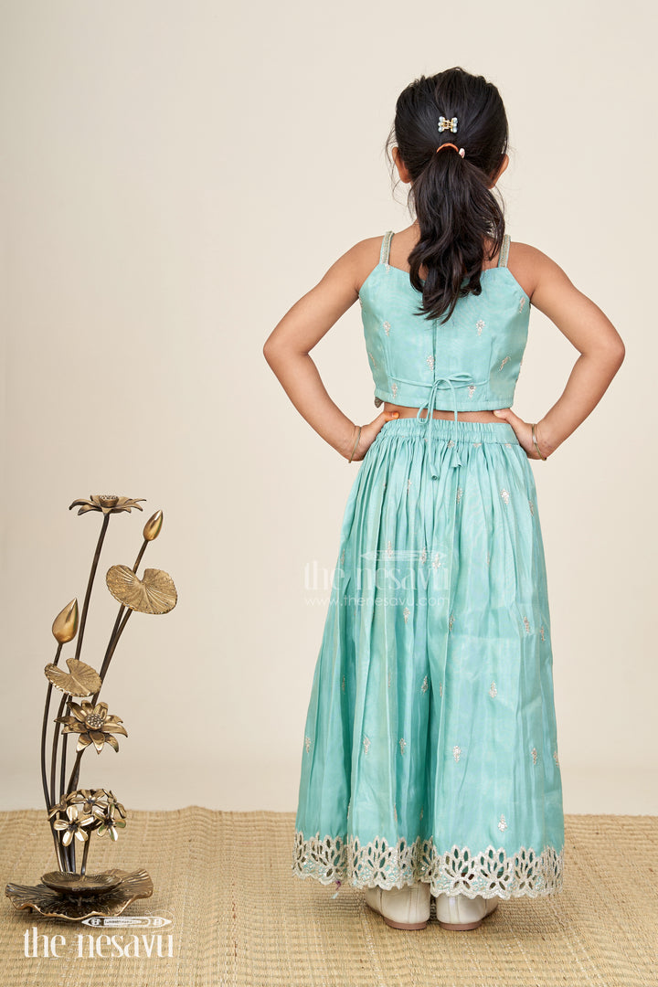 Girls Silk Lehenga With Embroidered Yoke And Pleated Skirt