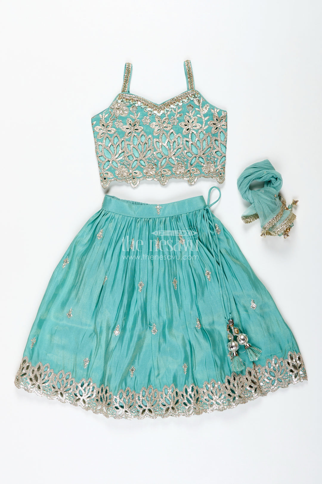 Girls Silk Lehenga With Embroidered Yoke And Pleated Skirt