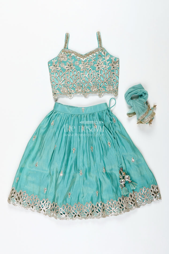 Girls Silk Lehenga With Embroidered Yoke And Pleated Skirt