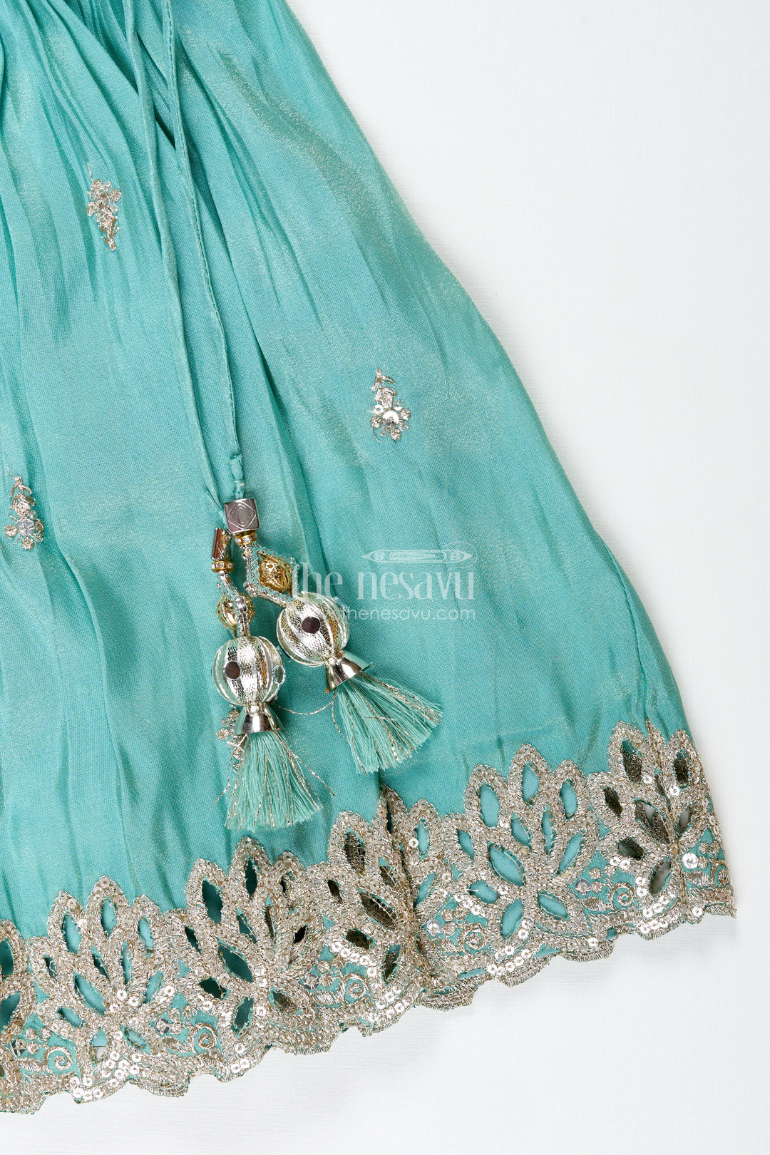 Girls Silk Lehenga With Embroidered Yoke And Pleated Skirt