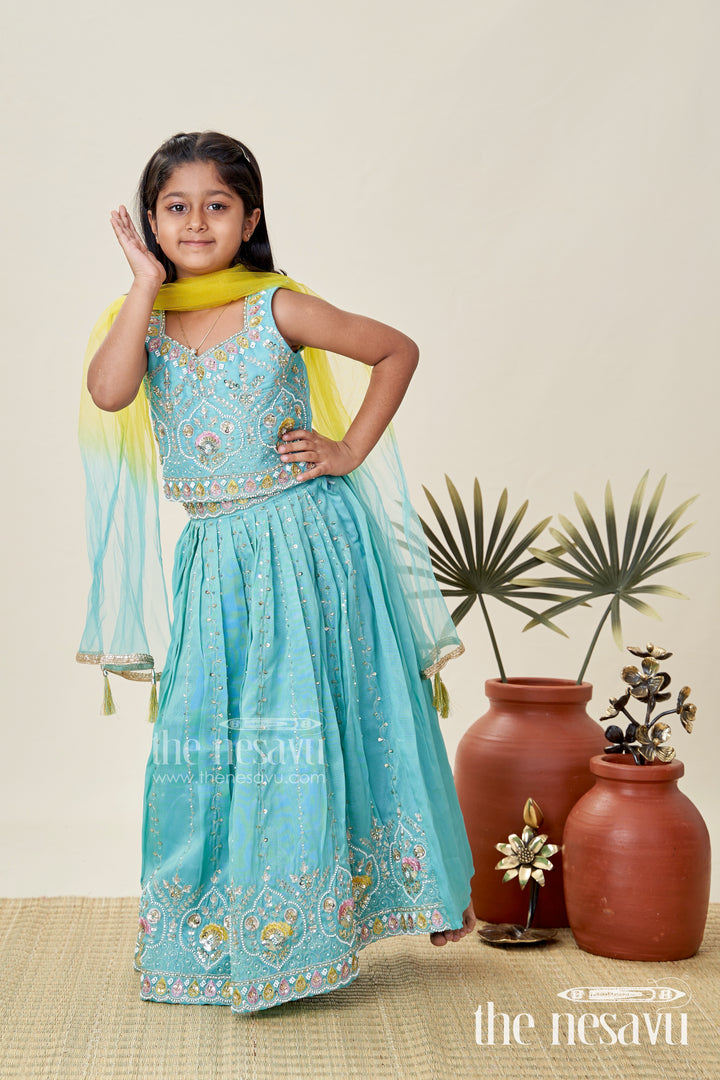 Girls Blue Viscose Silk Lehenga Choli With Designer Embroidery