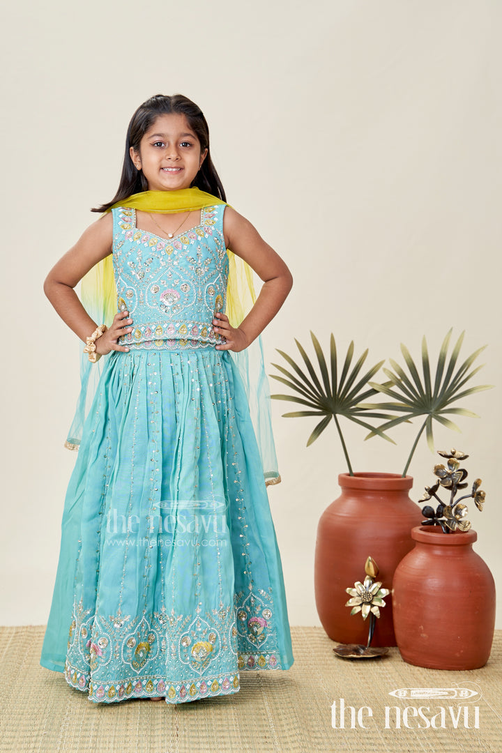 Girls Blue Viscose Silk Lehenga Choli With Designer Embroidery