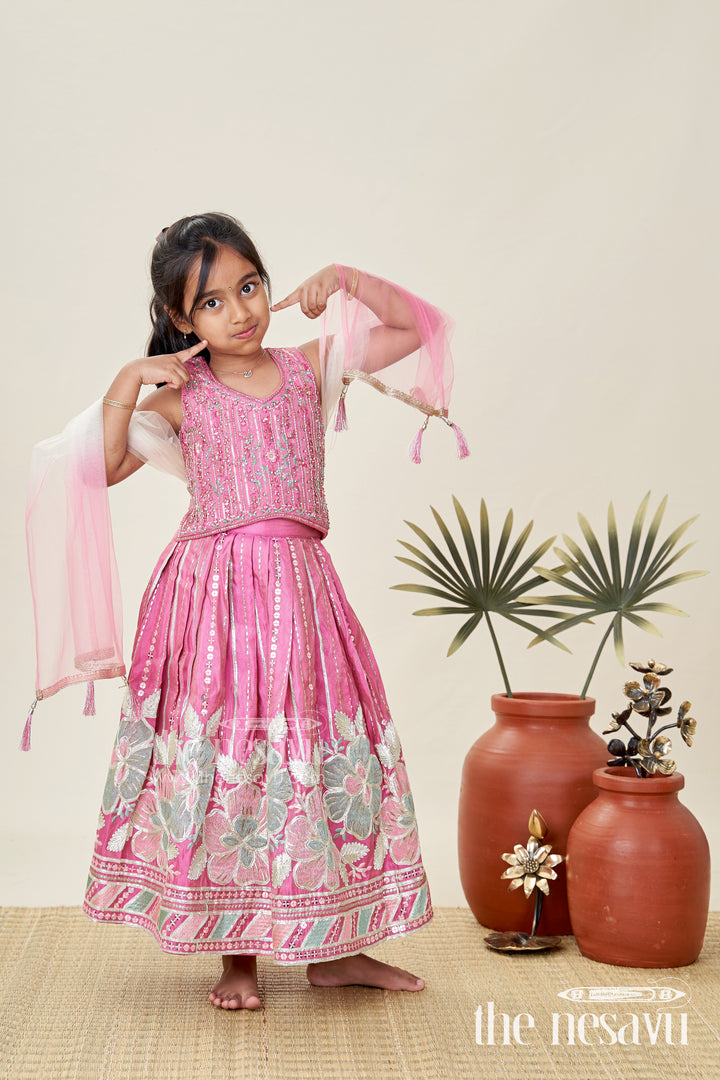 Girls Pink Lehenga Choli With Bold Floral Embroidery For Celebrations