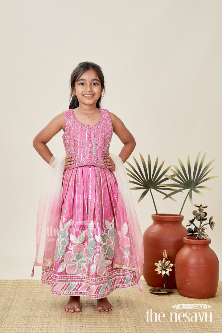 Girls Pink Lehenga Choli With Bold Floral Embroidery For Celebrations