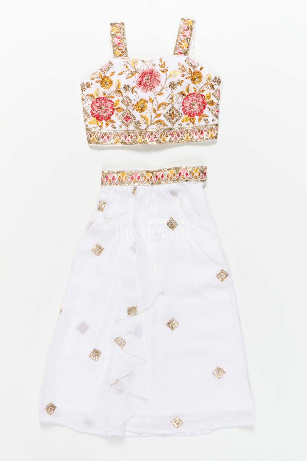 Girls Festive Lehenga Set with Printed Dupatta and Crop Blouse