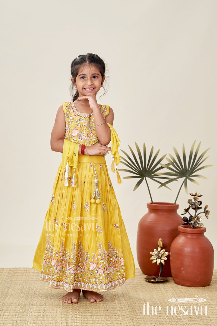 Lehenga Choli for Girls with Handcrafted Work in Vibrant Yellow Tissue Silk and Sequin Detailing