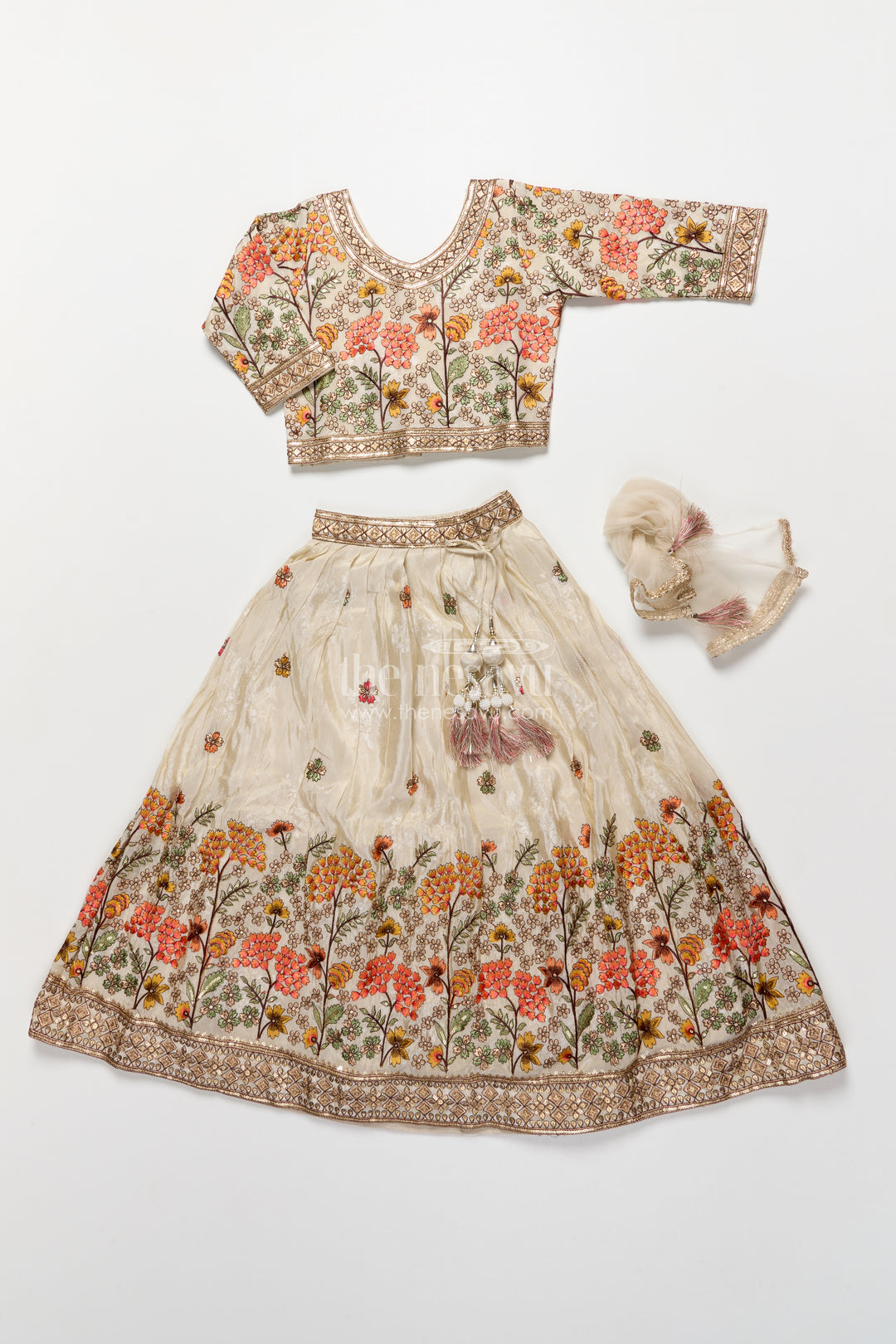Girls Floral Silk Lehenga Choli with Embroidered Yoke for Festive Wear
