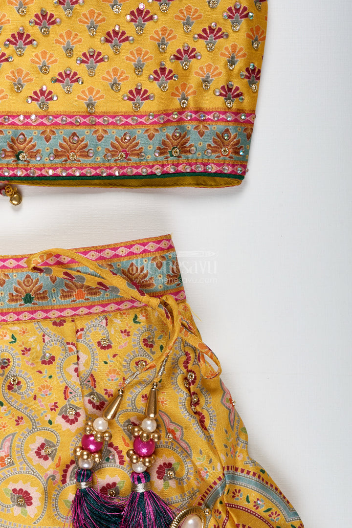 Yellow Girls Lehenga Choli For Festive Occasions Vibrant Silk Outfit With Traditional Prints
