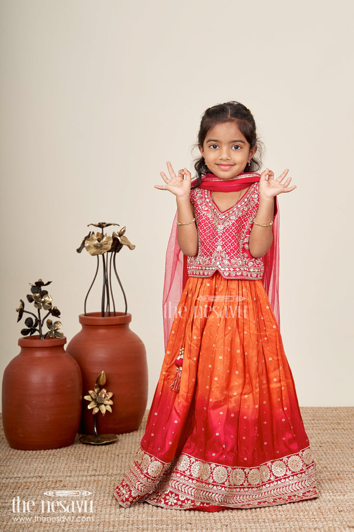 Girls Red And Orange Lehenga Choli For Weddings And Diwali Celebrations