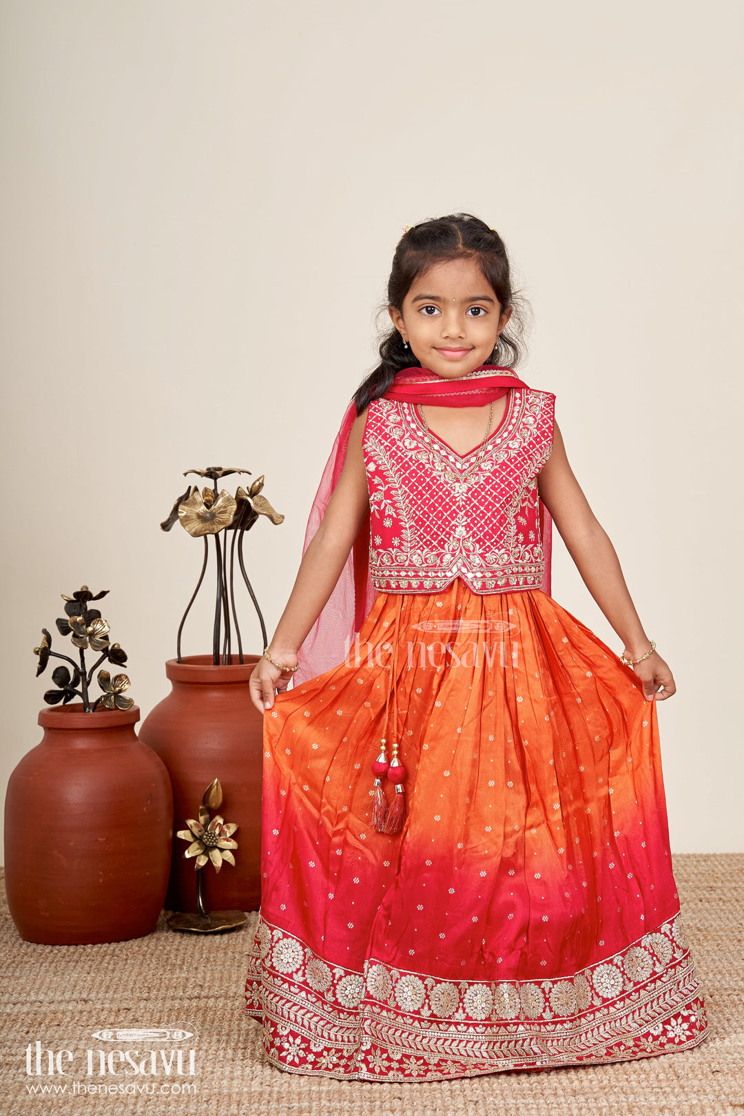 Girls Red And Orange Lehenga Choli For Weddings And Diwali Celebrations