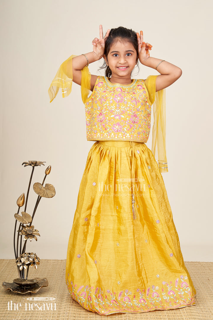 Girls mustard yellow lehenga choli for weddings and festive celebrations