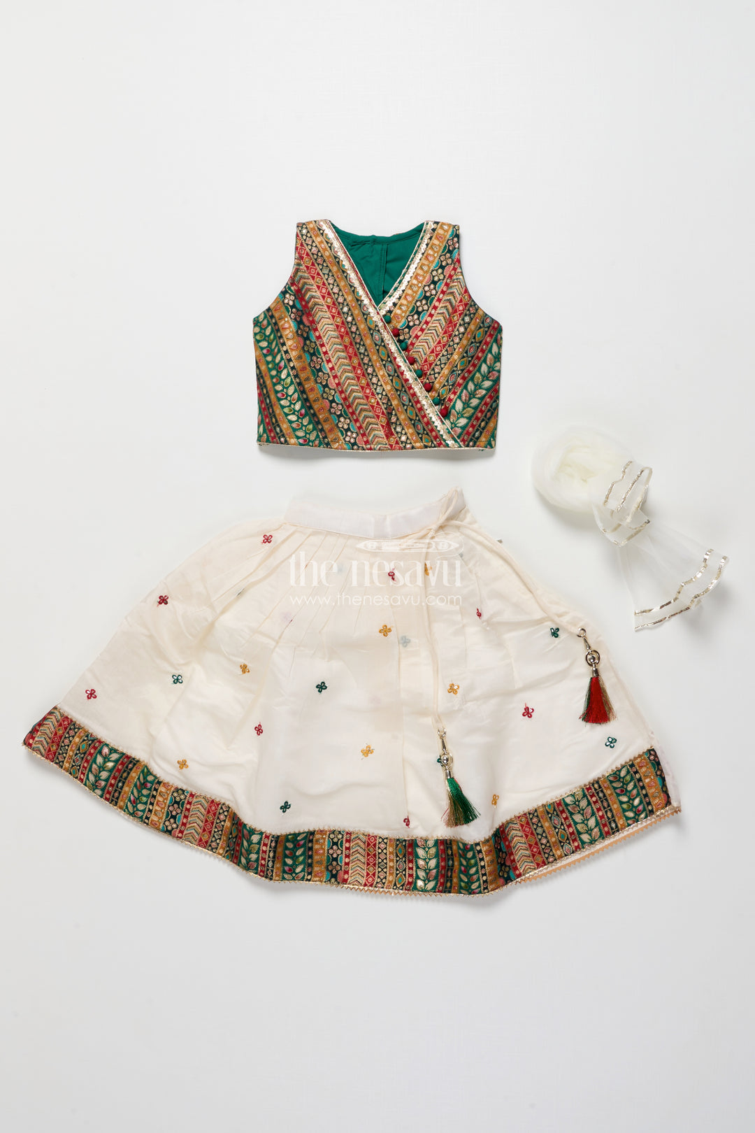 Girls georgette lehenga choli with embroidered blouse and festive tassels