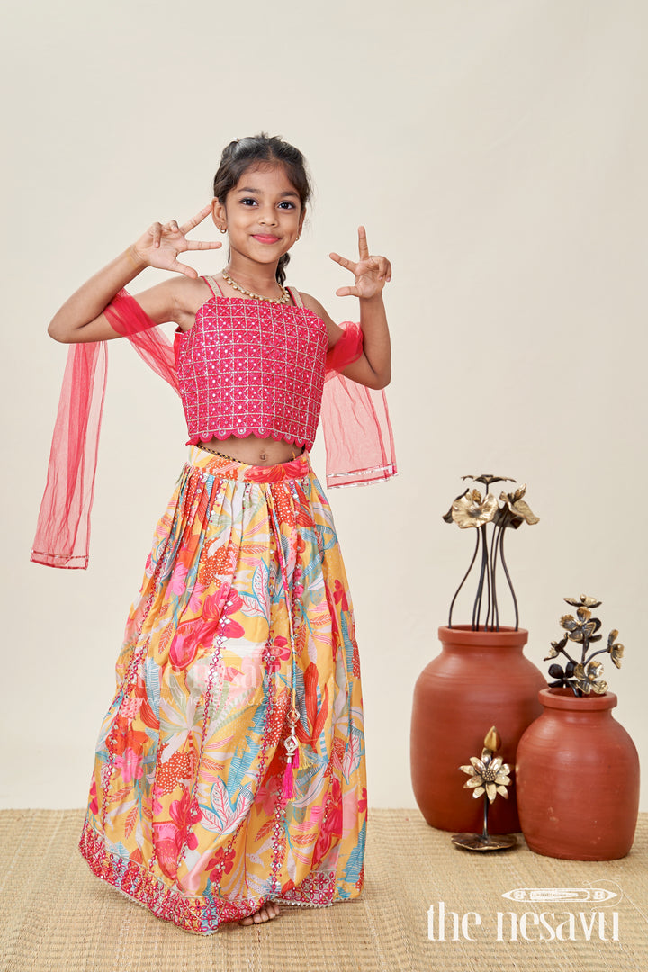 Girls Yellow Floral Lehenga Choli With Embroidered Blouse And Dupatta