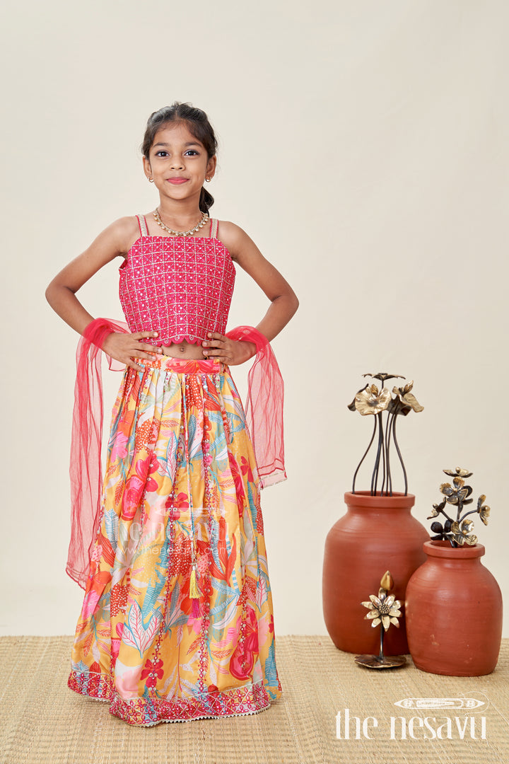 Girls Yellow Floral Lehenga Choli With Embroidered Blouse And Dupatta