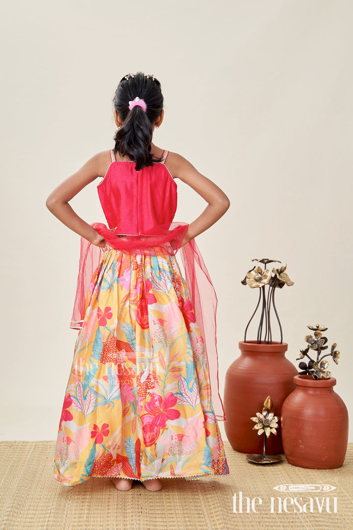 Girls Yellow Floral Lehenga Choli With Embroidered Blouse And Dupatta