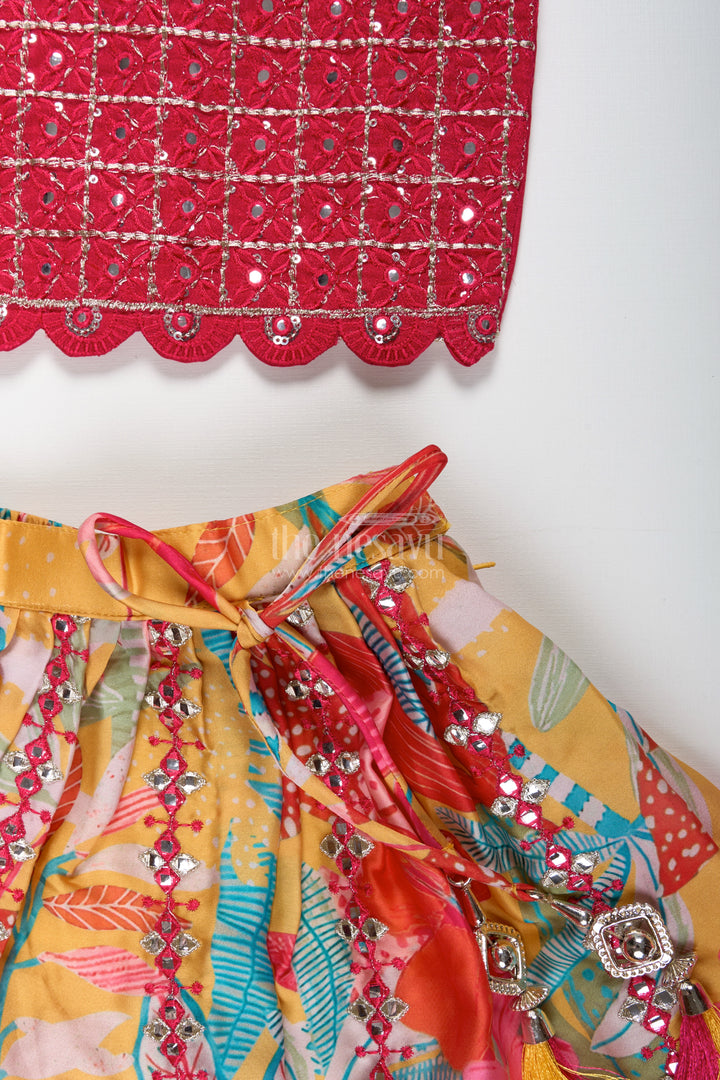 Girls Yellow Floral Lehenga Choli With Embroidered Blouse And Dupatta