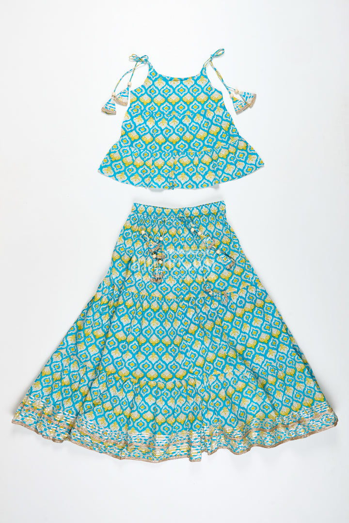 Girls Printed Cotton Lehenga Choli With Ruffle Hem And Tassel Belt