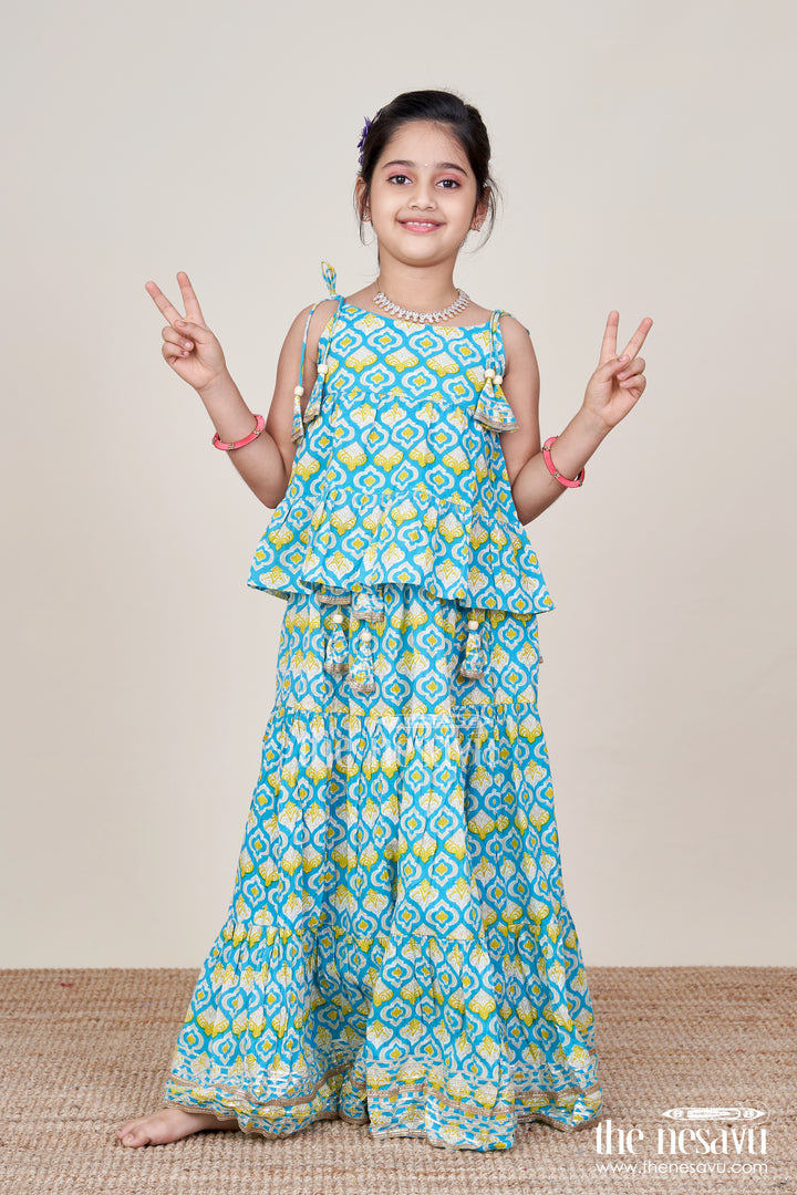 Girls Printed Cotton Lehenga Choli with Ruffle Hem and Tassel Belt