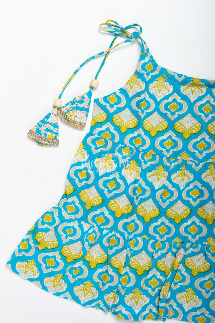 Girls Printed Cotton Lehenga Choli With Ruffle Hem And Tassel Belt