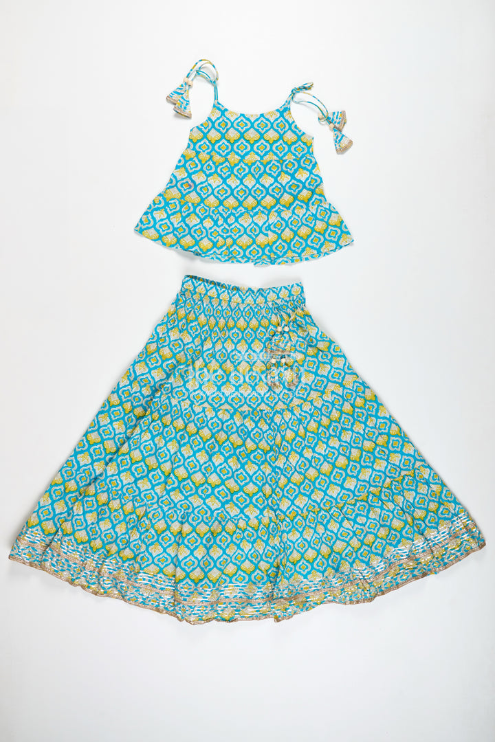 Girls Printed Cotton Lehenga Choli With Ruffle Hem And Tassel Belt