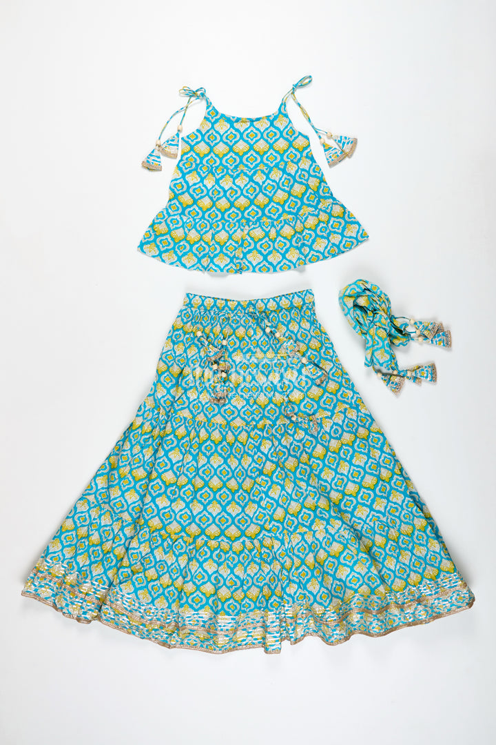 Girls Printed Cotton Lehenga Choli With Ruffle Hem And Tassel Belt