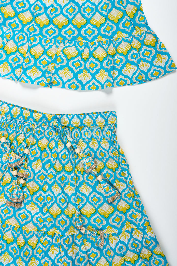 Girls Printed Cotton Lehenga Choli With Ruffle Hem And Tassel Belt