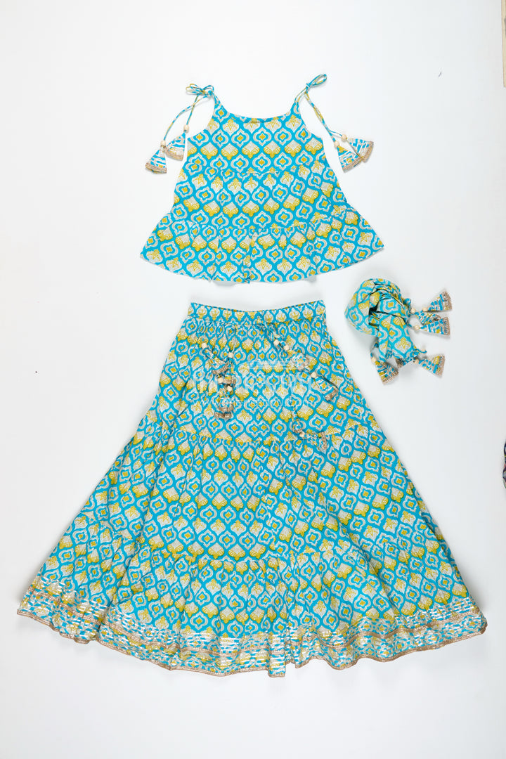 Girls Printed Cotton Lehenga Choli With Ruffle Hem And Tassel Belt