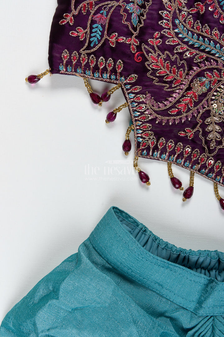 Girls Designer Lehenga Choli With Heavy Embroidered Blouse And Draped Skirt