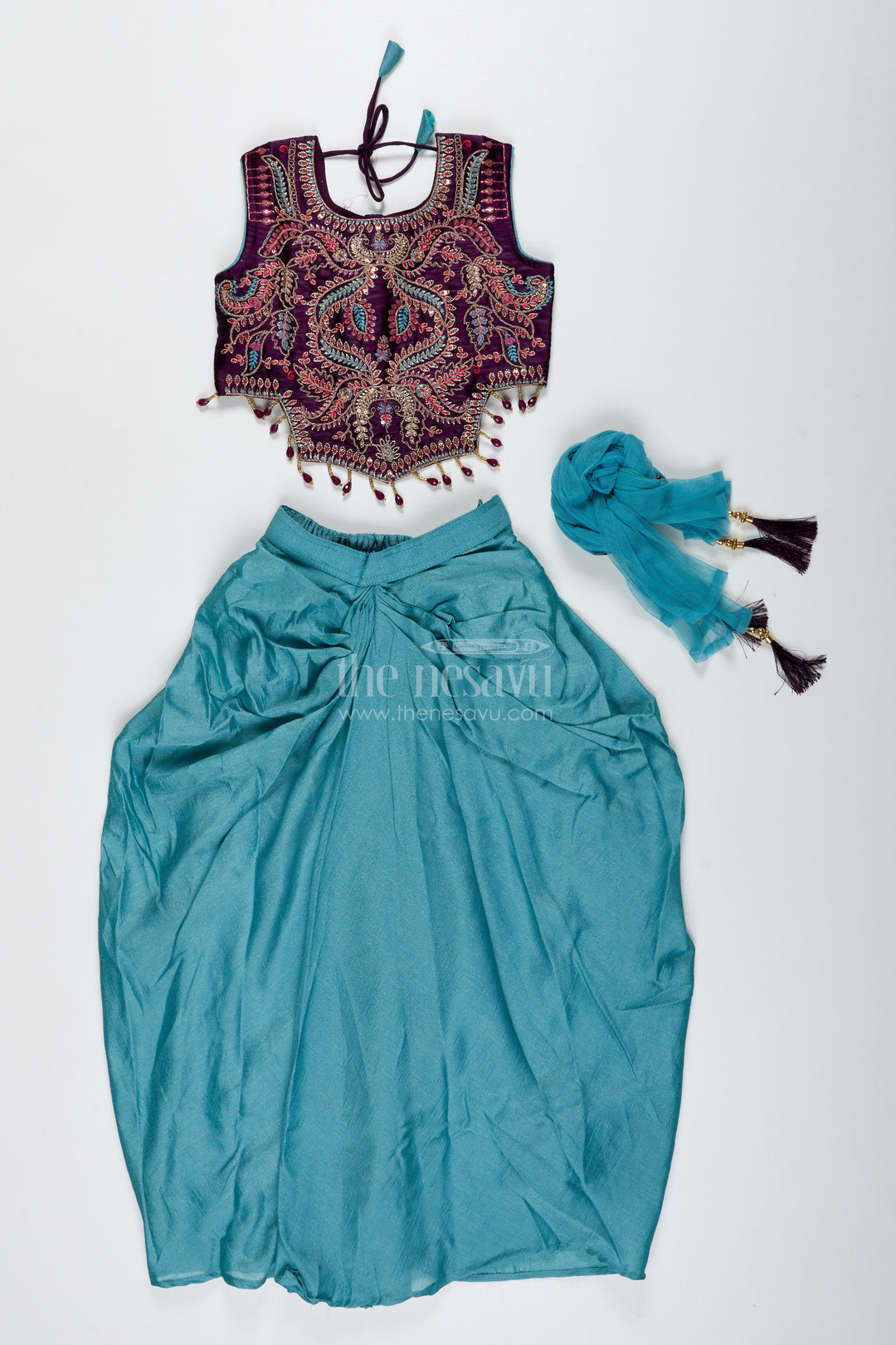 Girls Designer Lehenga Choli With Heavy Embroidered Blouse And Draped Skirt