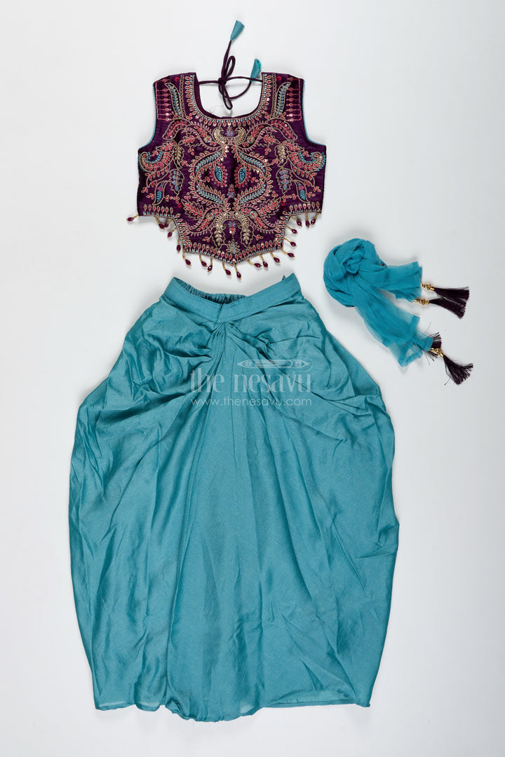 Girls Designer Lehenga Choli With Heavy Embroidered Blouse And Draped Skirt