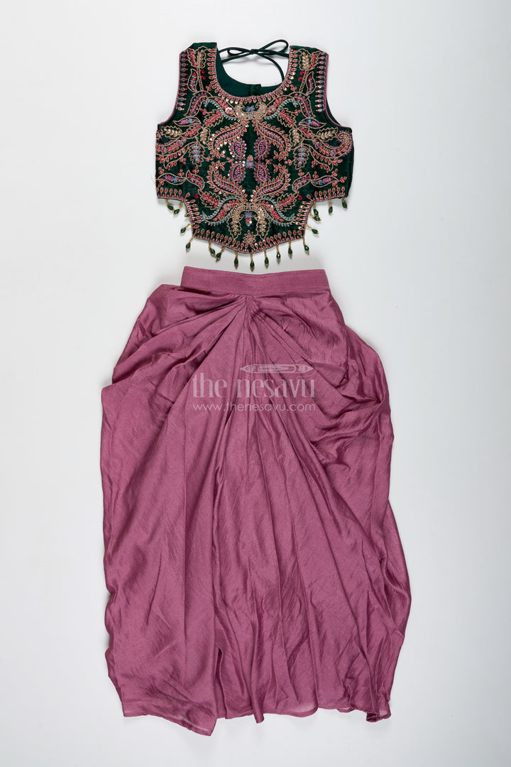 Girls Lehenga Choli With Embroidered Blouse And Mocca Skirt