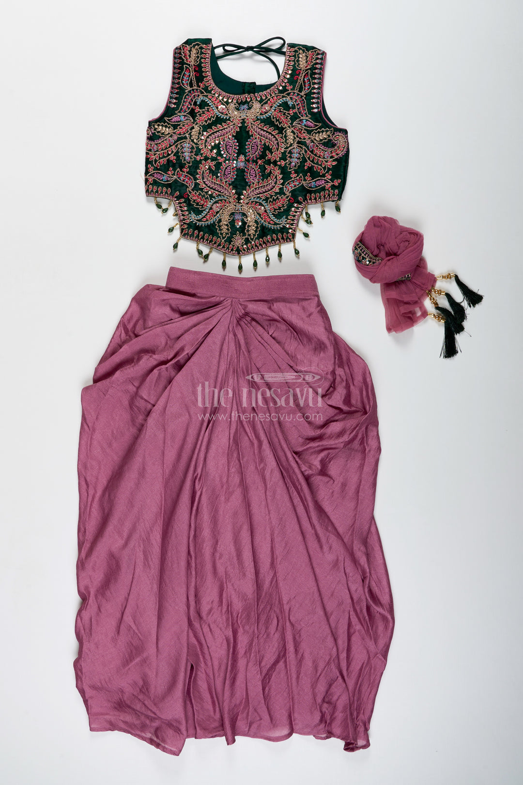 Girls Lehenga Choli With Embroidered Blouse And Mocca Skirt