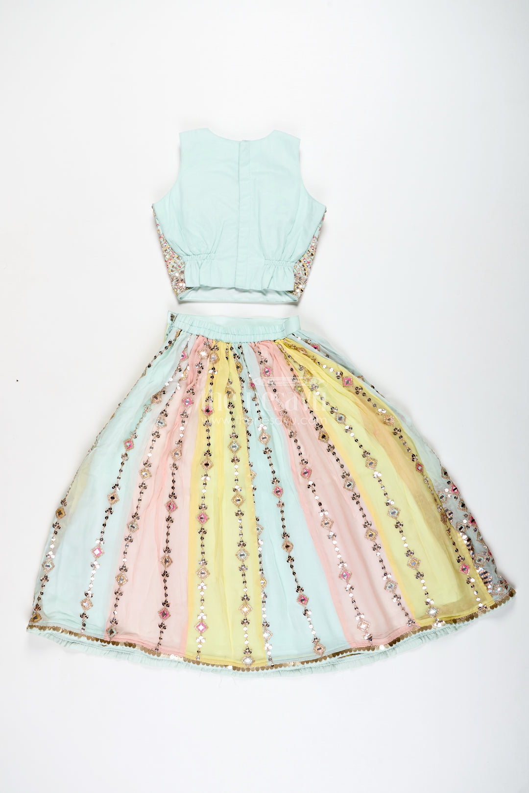 Girls Multicolor Lehenga Choli With Mirror Embroidery And Tassels