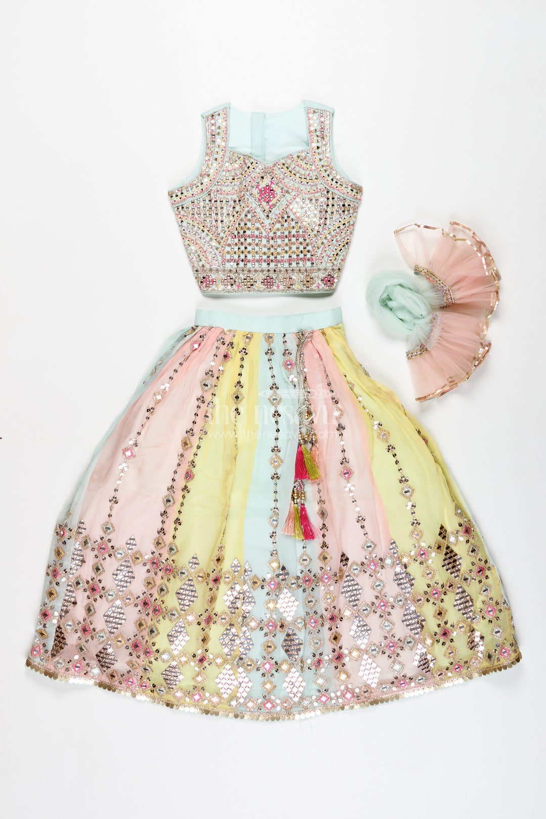 Girls Multicolor Lehenga Choli With Mirror Embroidery And Tassels