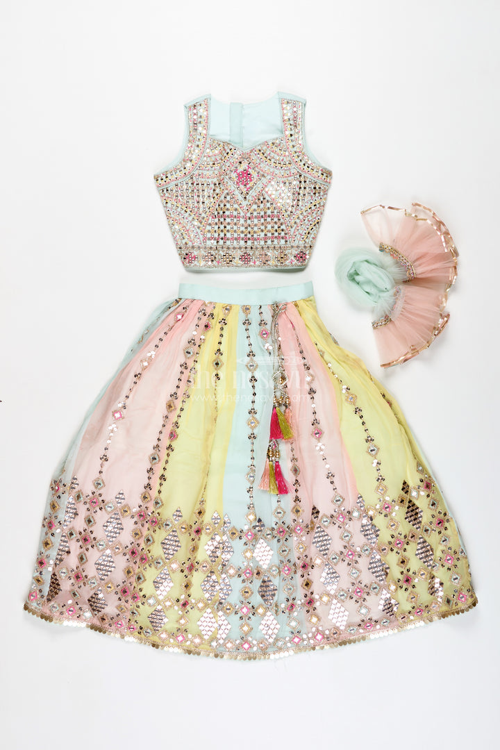 Girls Multicolor Lehenga Choli With Mirror Embroidery And Tassels