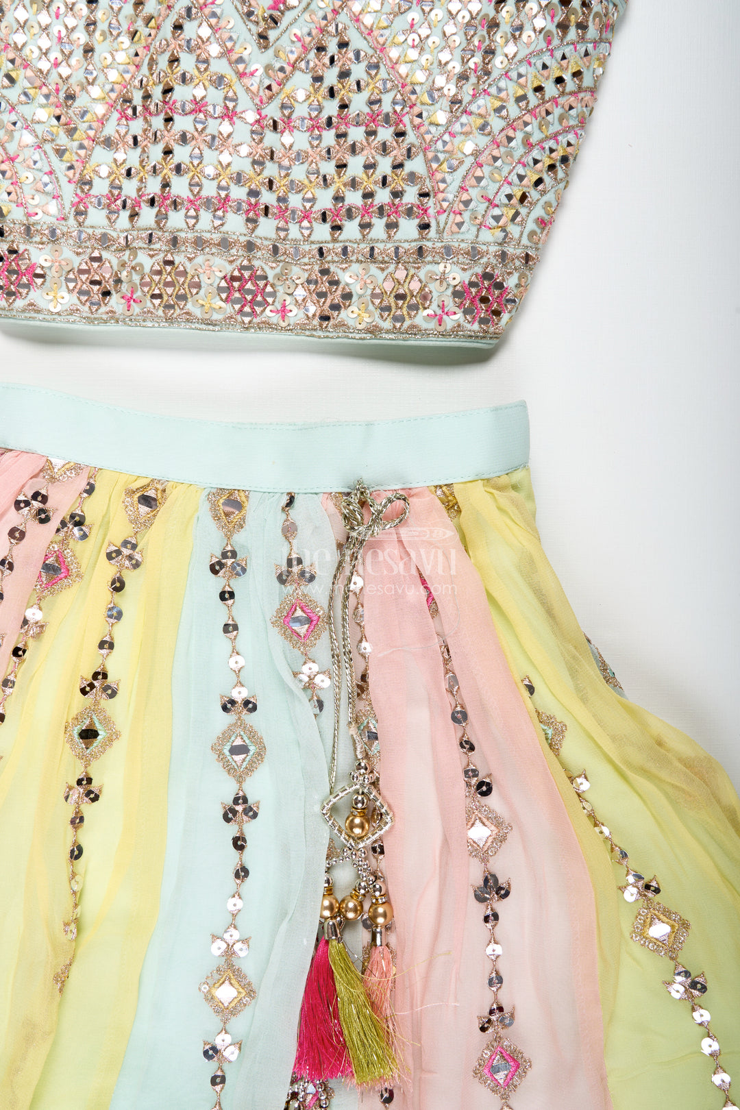 Girls Multicolor Lehenga Choli With Mirror Embroidery And Tassels