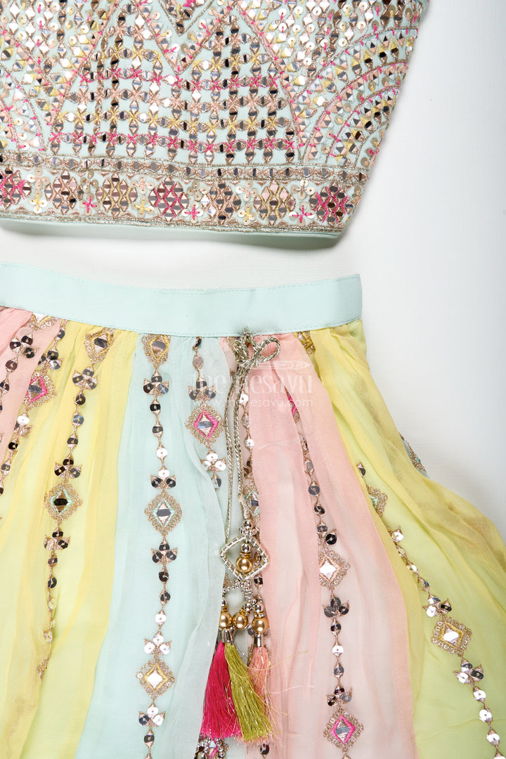 Girls Multicolor Lehenga Choli With Mirror Embroidery And Tassels