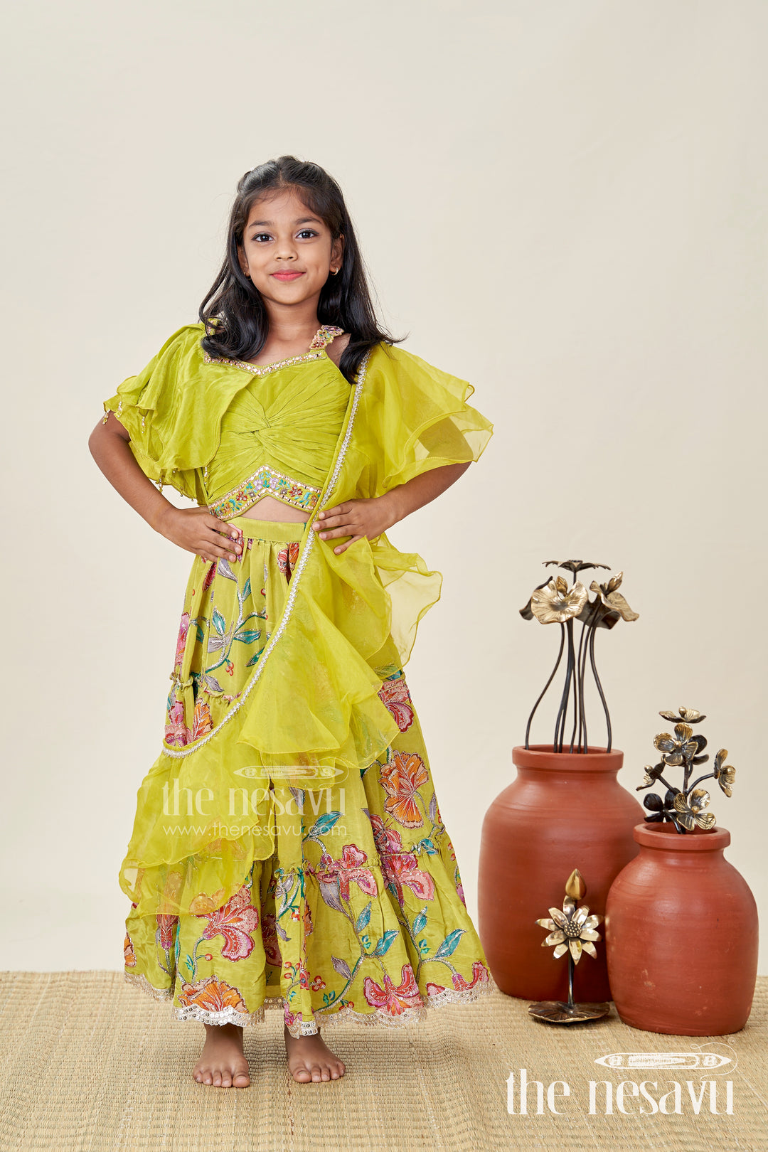 Girls Lehenga Choli With Ruffle Sleeve Top For Weddings And Festive Occasions