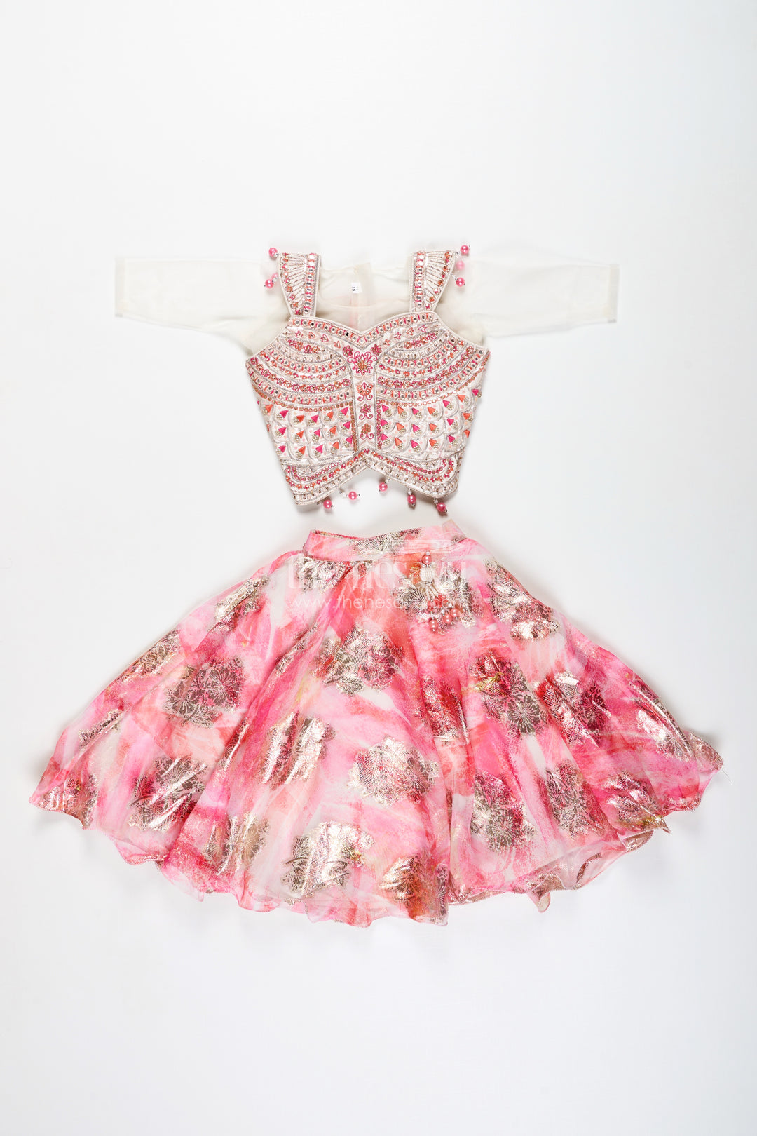 Girls Pink Designer Lehenga Choli With Pearl Embellished Blouse
