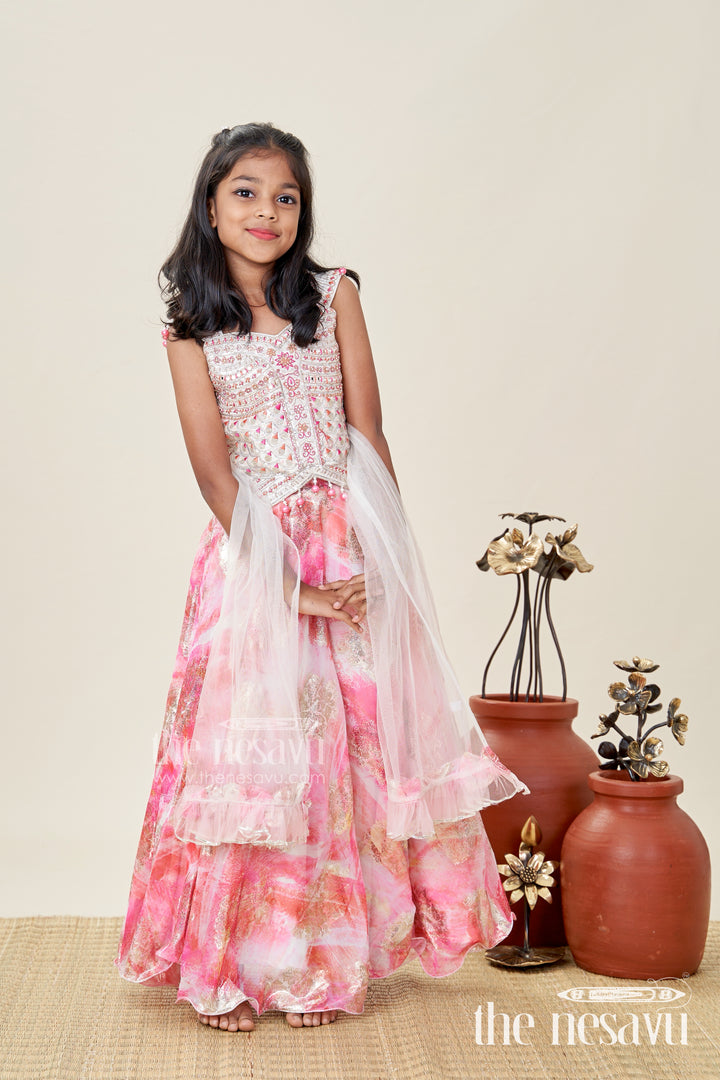 Girls Pink Designer Lehenga Choli With Pearl Embellished Blouse