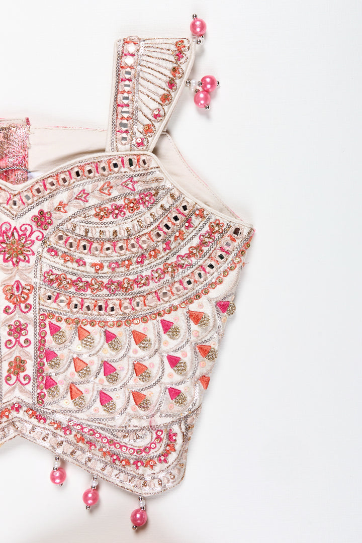 Girls Pink Designer Lehenga Choli With Pearl Embellished Blouse