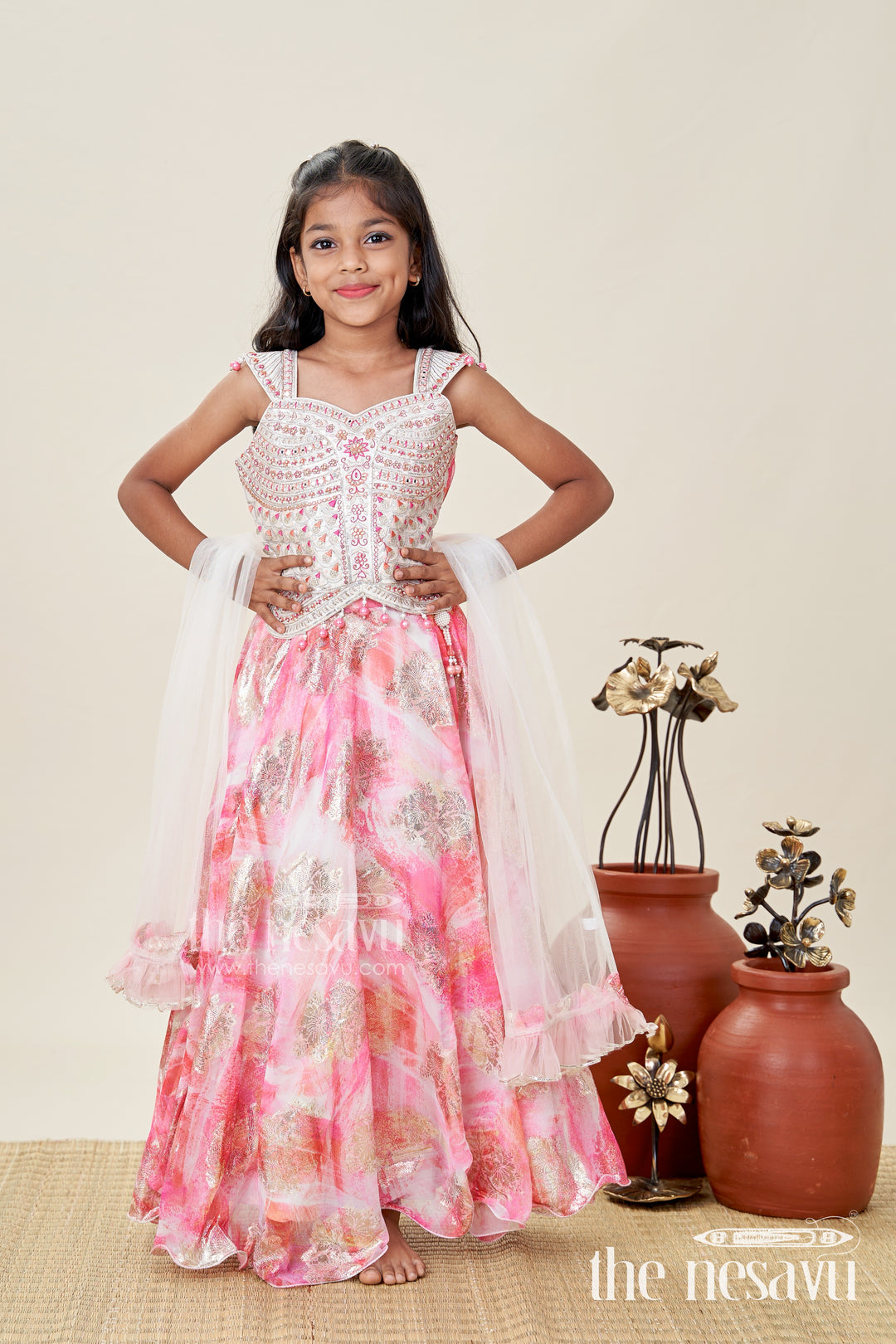 Girls Pink Designer Lehenga Choli With Pearl Embellished Blouse