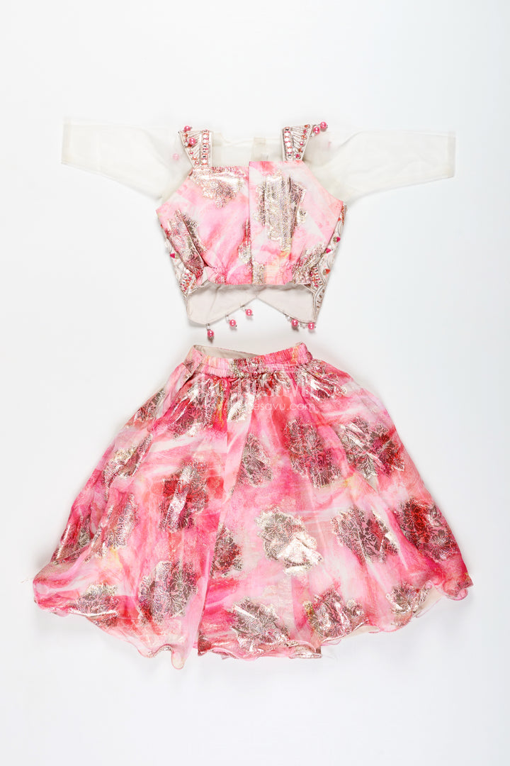 Girls Pink Designer Lehenga Choli With Pearl Embellished Blouse
