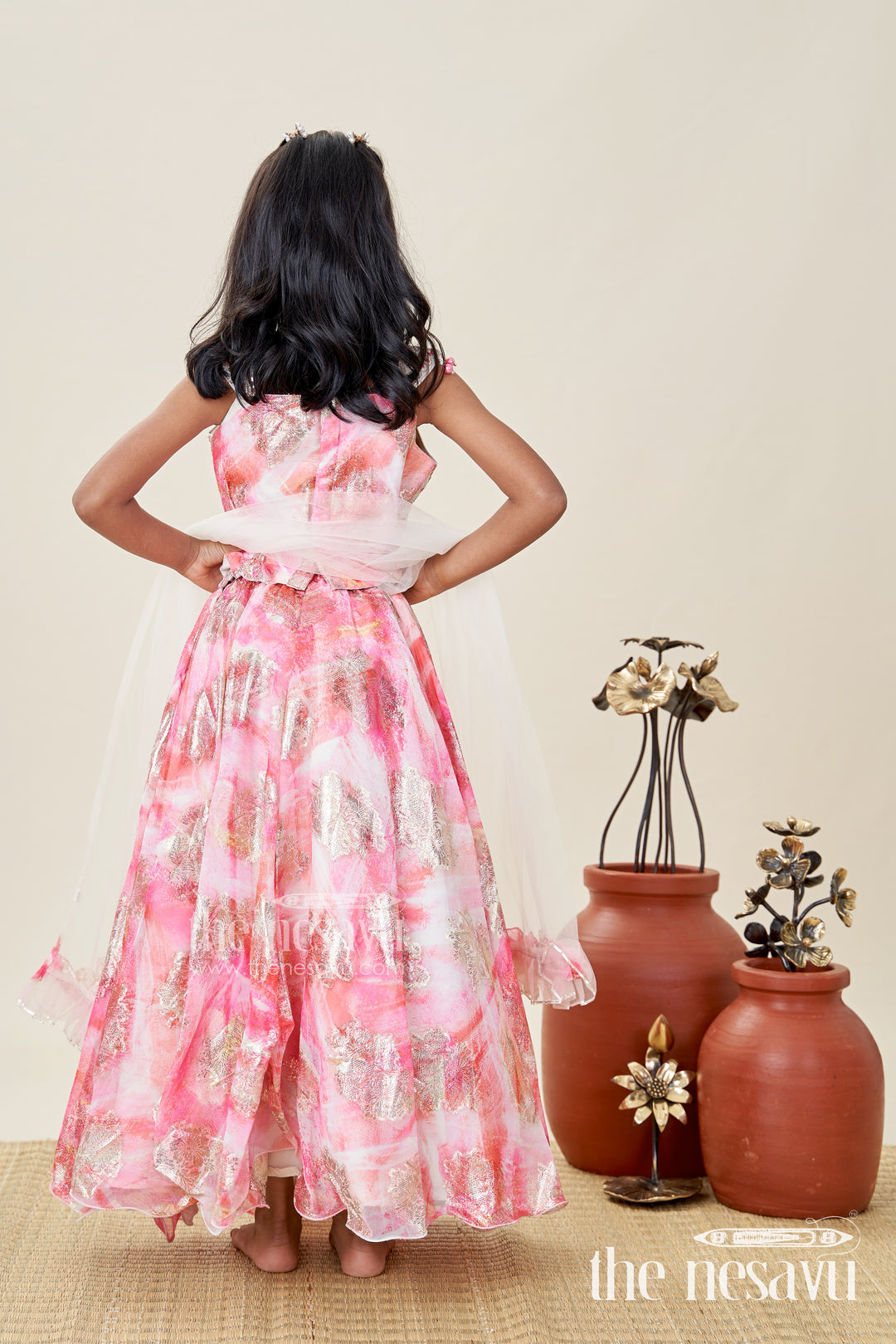 Girls Pink Designer Lehenga Choli With Pearl Embellished Blouse