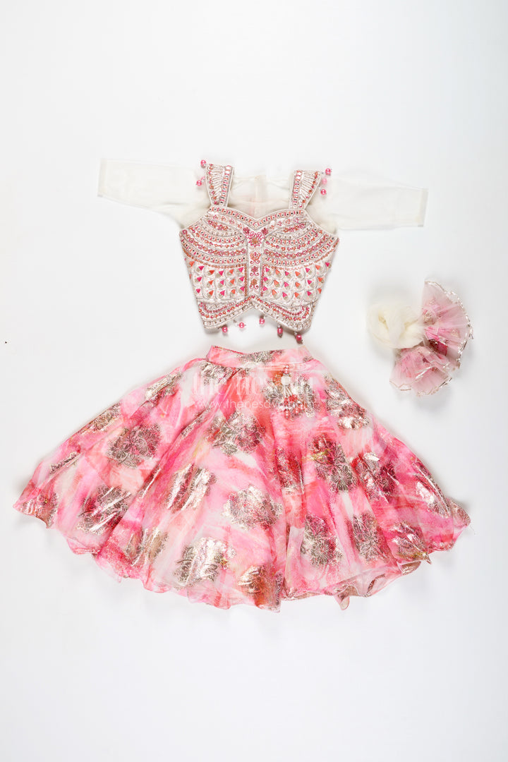Girls Pink Designer Lehenga Choli With Pearl Embellished Blouse